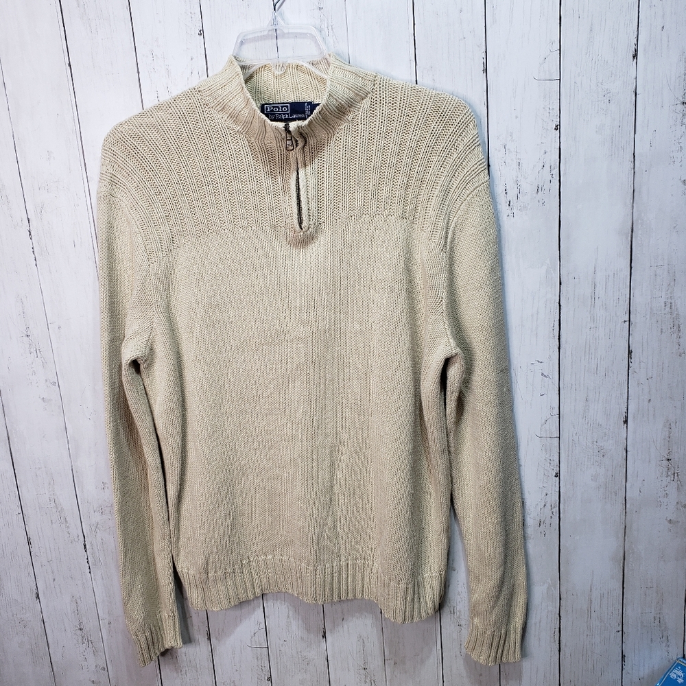 Vintage Polo Ralph Lauren Men's Cream Linen Cotton 1/4 Zip Sweater Size Large.